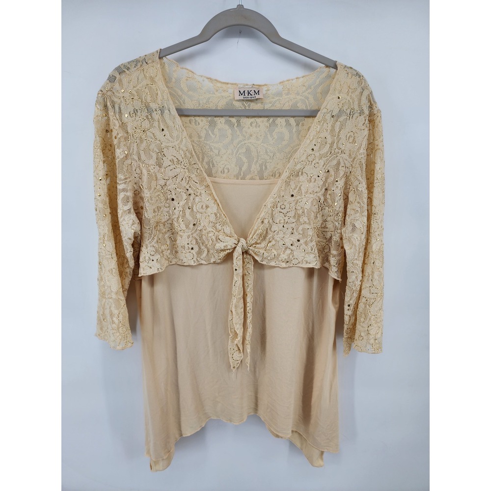 Y2K Beige Gold Lace Sequin Tie Front Layered Top Size L Coquette Romance